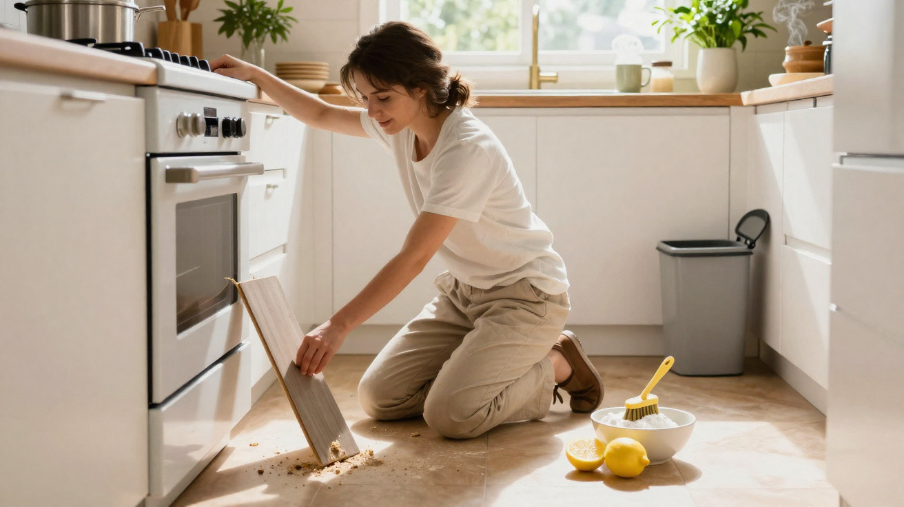 Woman kneeling in a bright kitchen cleaning up crumbs from the floor with a cutting board.