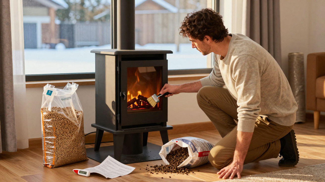 Man tending fire in wood stove with bags of wood pellets and instructions on floor nearby.