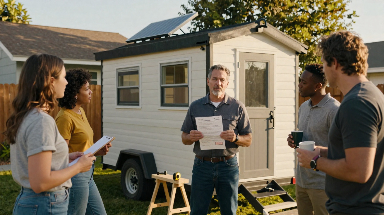 Group of five adults gathered outdoors near a tiny house on wheels, with one man holding a document and speaking.