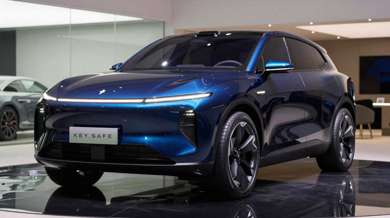 Sleek dark blue electric SUV displayed indoors with glossy finish and futuristic front LED lights.