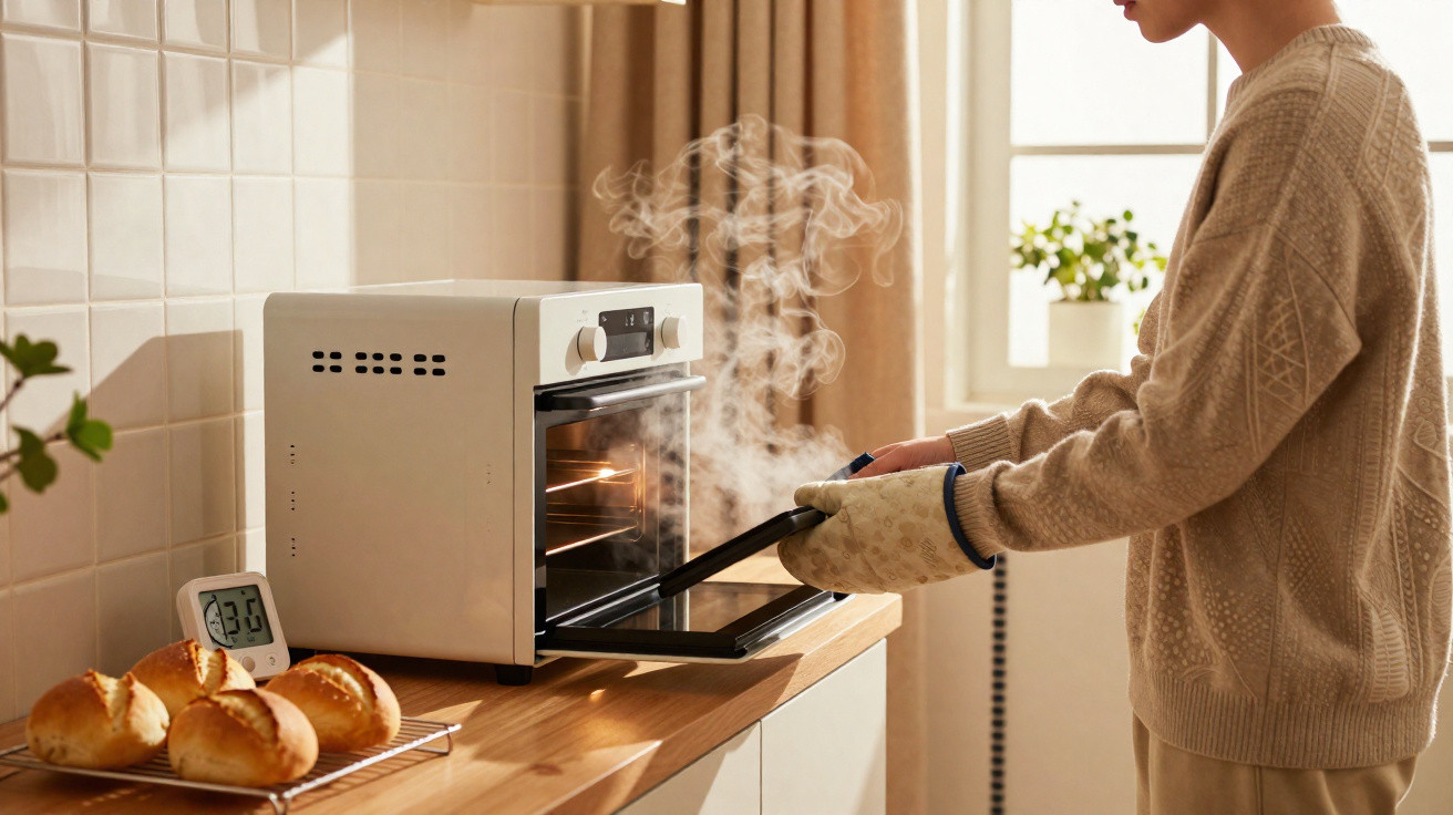 Person wearing oven gloves removing steaming freshly baked bread from a small white oven in a sunlit kitchen.