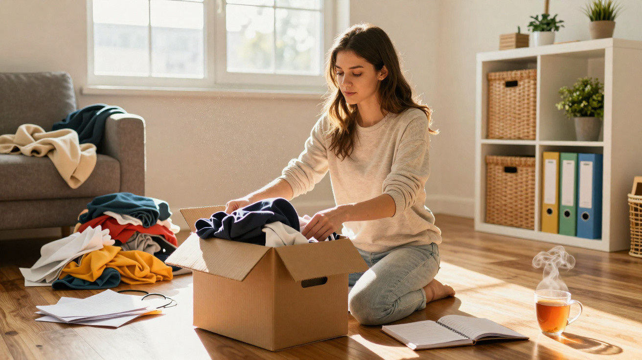 Woman kneeling on floor unpacking clothes from a cardboard box in a sunlit living room