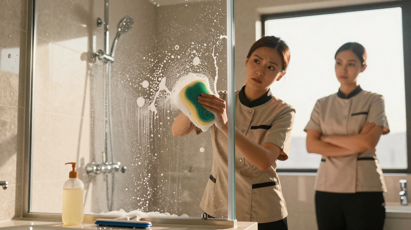 Two women in uniform cleaning a glass shower door with a sponge in a bathroom.