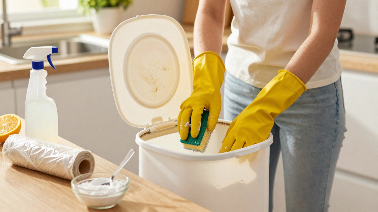Person wearing yellow gloves cleaning a white bin with a green sponge in a bright kitchen.