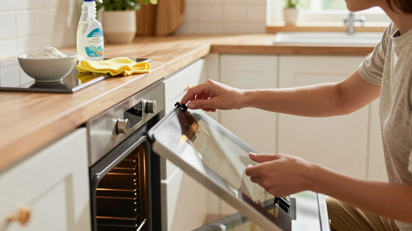 Person opening a modern oven door in a bright kitchen with wooden countertops and cleaning supplies nearby.