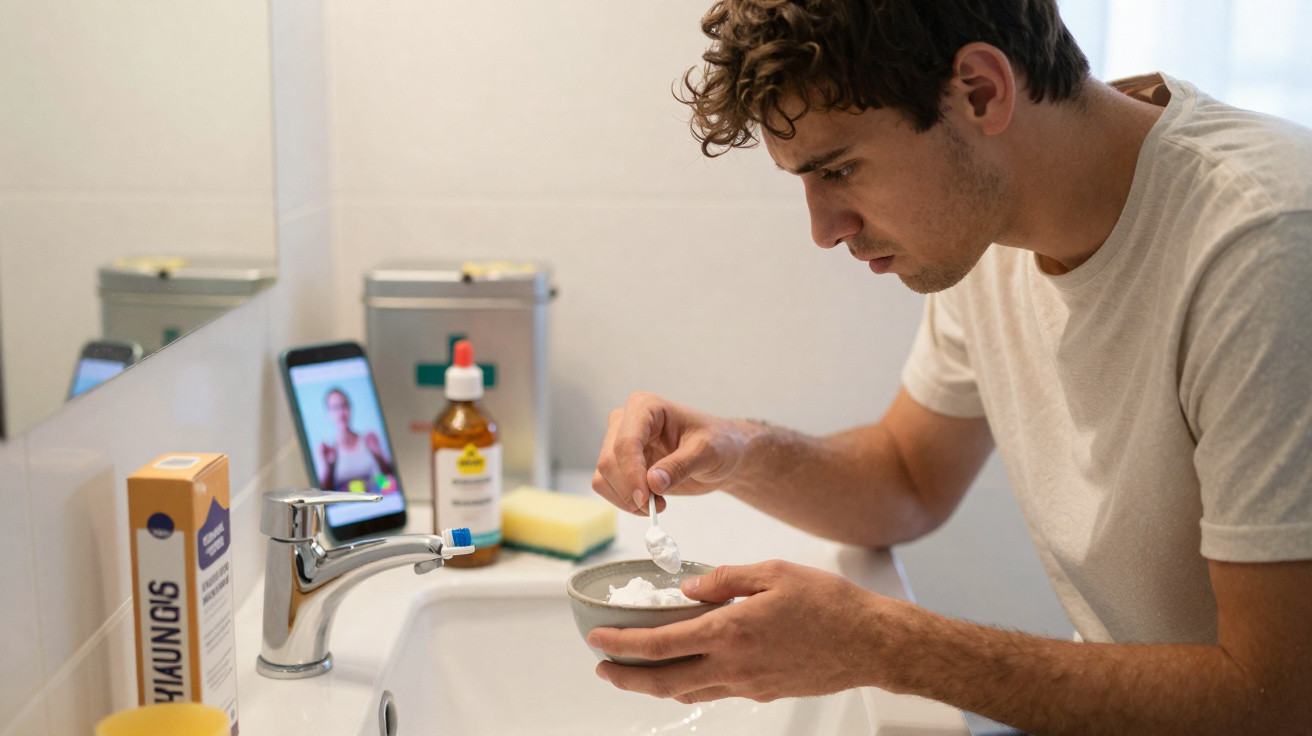 Man preparing a shaving cream bowl in a bathroom with a phone showing a barber video call in the background.
