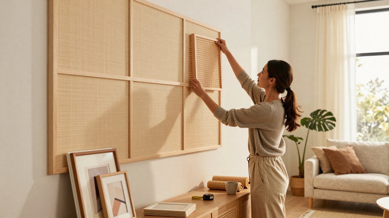Woman adjusting a large woven wall panel in a sunlit living room with neutral decor.