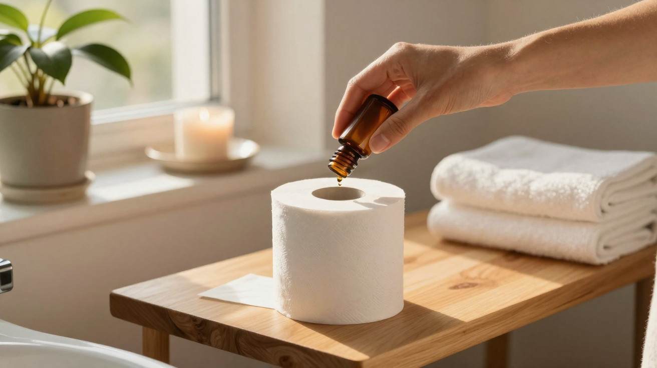 Hand dripping essential oil from a brown bottle onto a toilet paper roll on a wooden table with towels nearby.