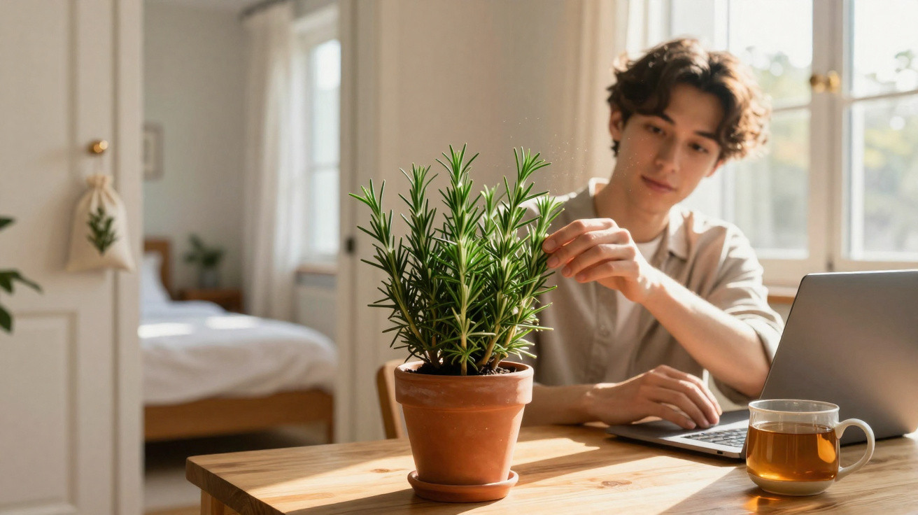 Person tending to a potted rosemary plant on a wooden table with a laptop and cup of tea in a sunlit room