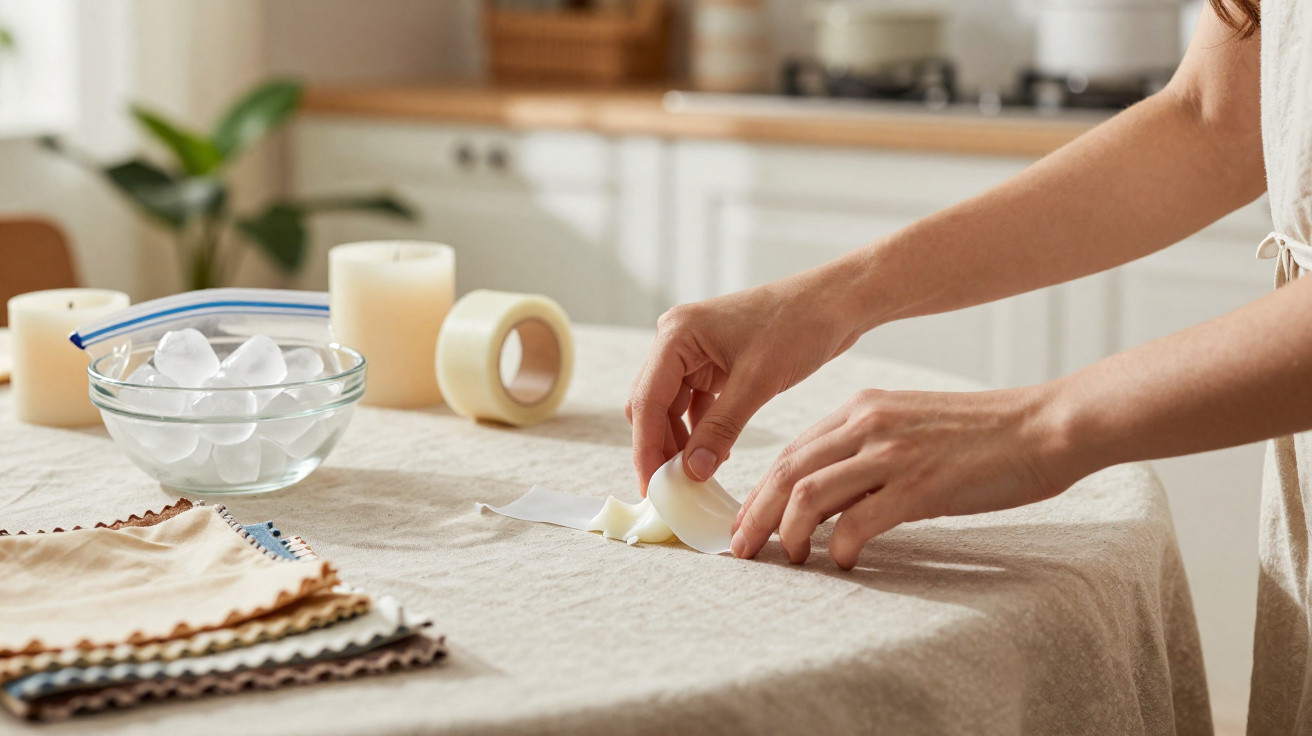 Hands wrapping candles on a table with fabric squares, tape rolls, and a bowl of ice cubes in a kitchen setting.