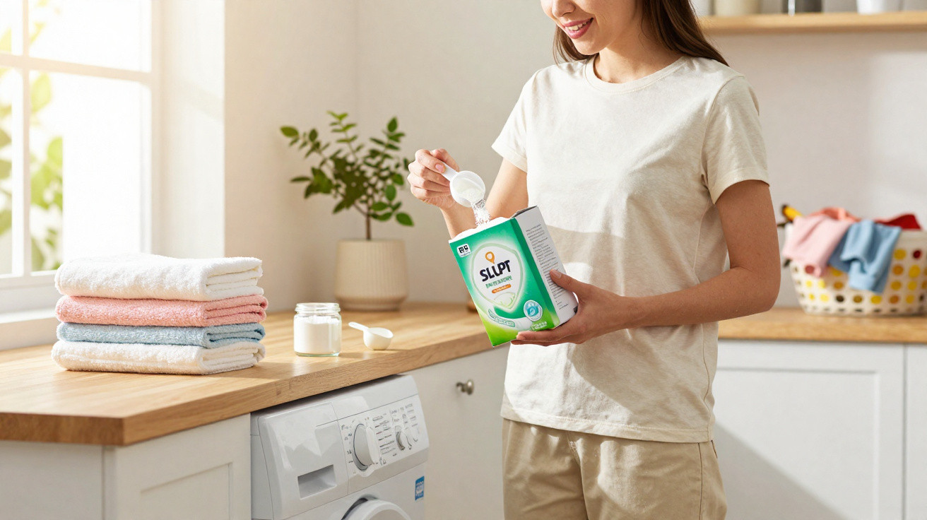 Woman adding detergent to washing machine in bright laundry room with folded towels and plant on counter.