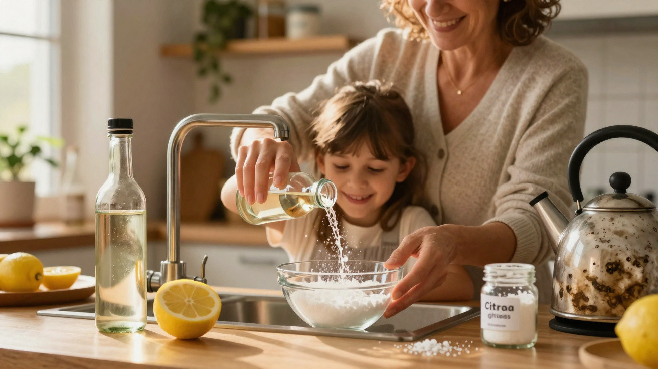 Child and adult pouring liquid into a glass bowl of baking ingredients in a sunlit kitchen.