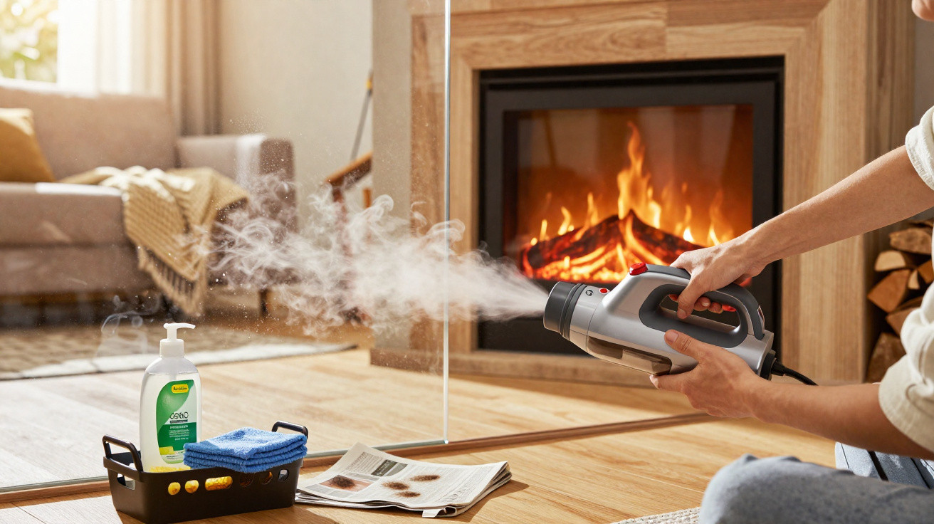 Person using steam cleaner on wooden floor near fireplace in cosy living room.