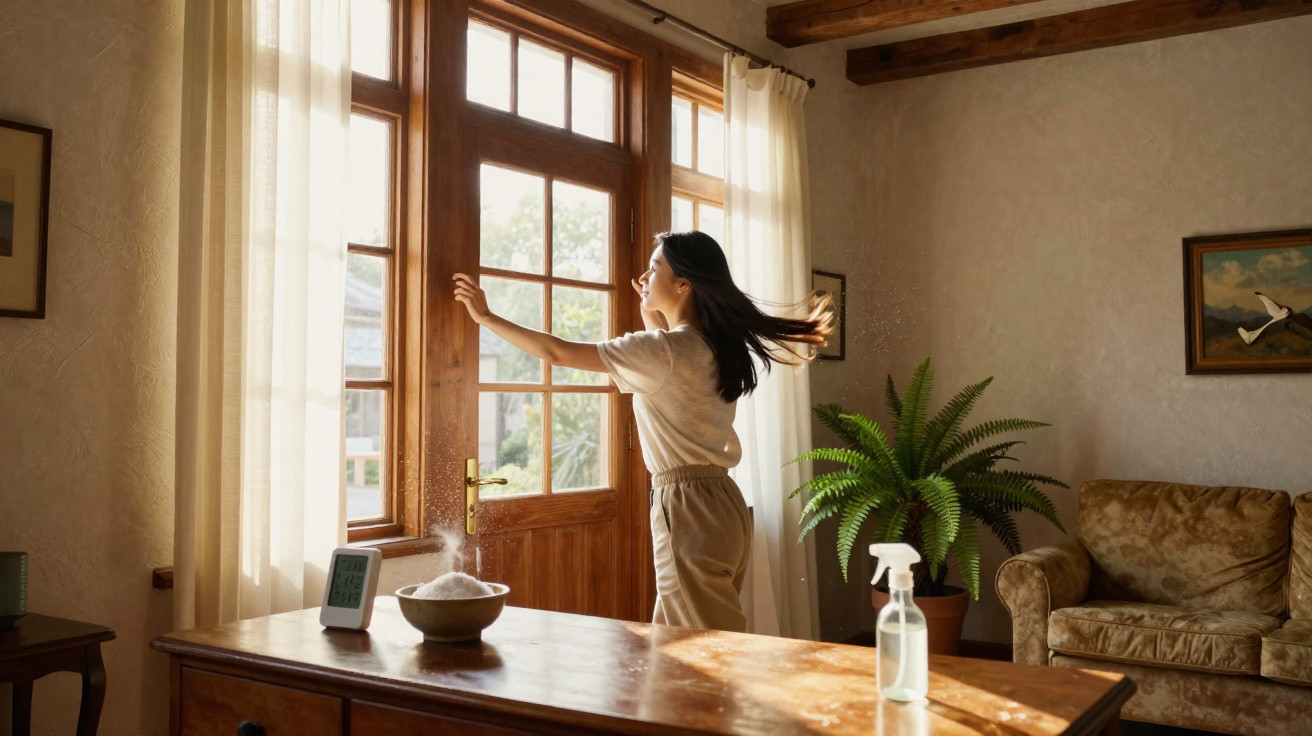 Woman opening a wooden door in a sunlit room with plants, a humidifier, and cleaning spray on a wooden table.