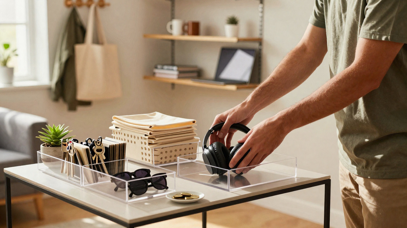 Person organising black headphones on a table with sunglasses, papers, and small accessories in a bright room.
