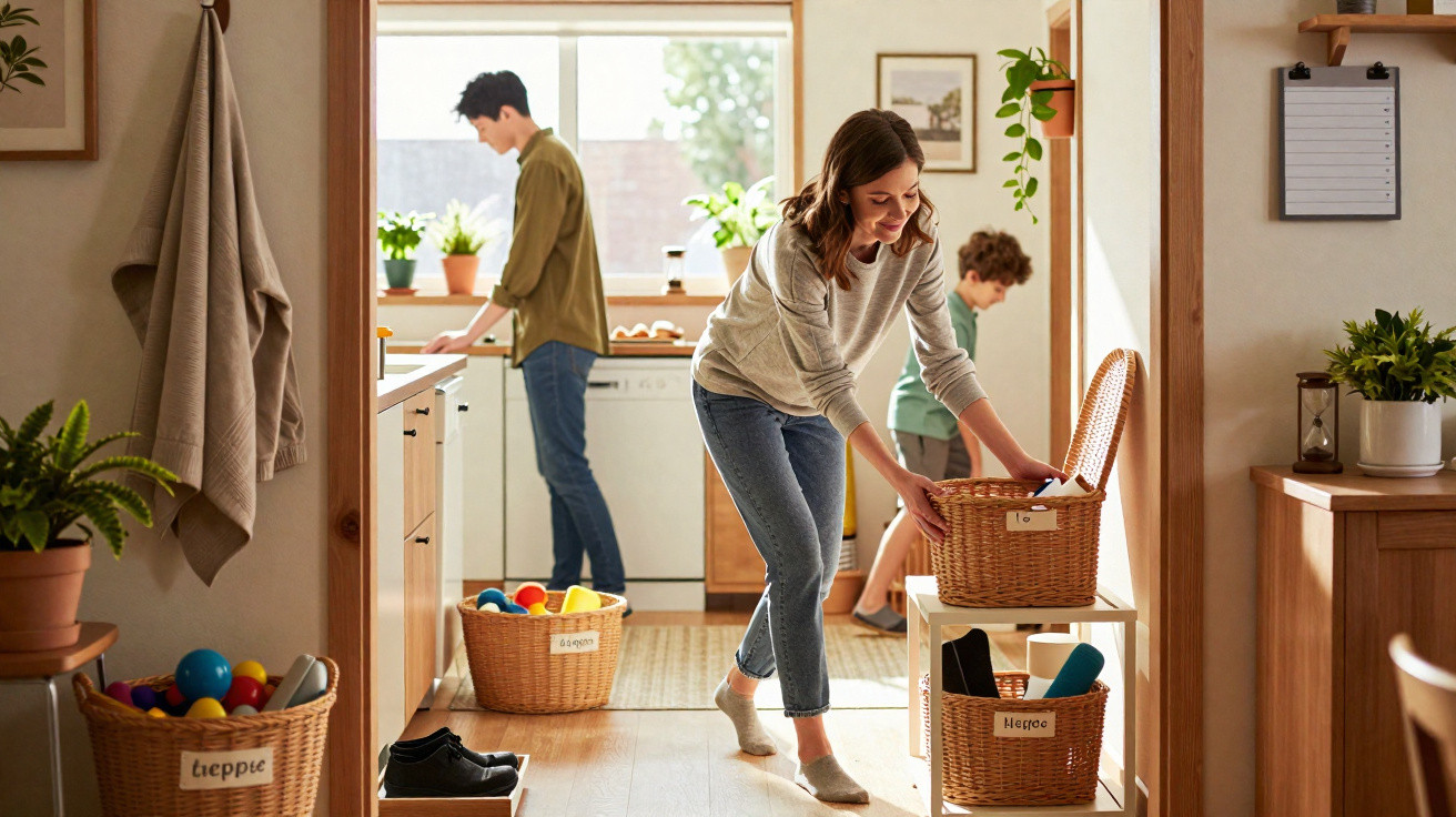 Mother and two children tidying baskets in a bright, cosy kitchen with plants and wooden furniture.