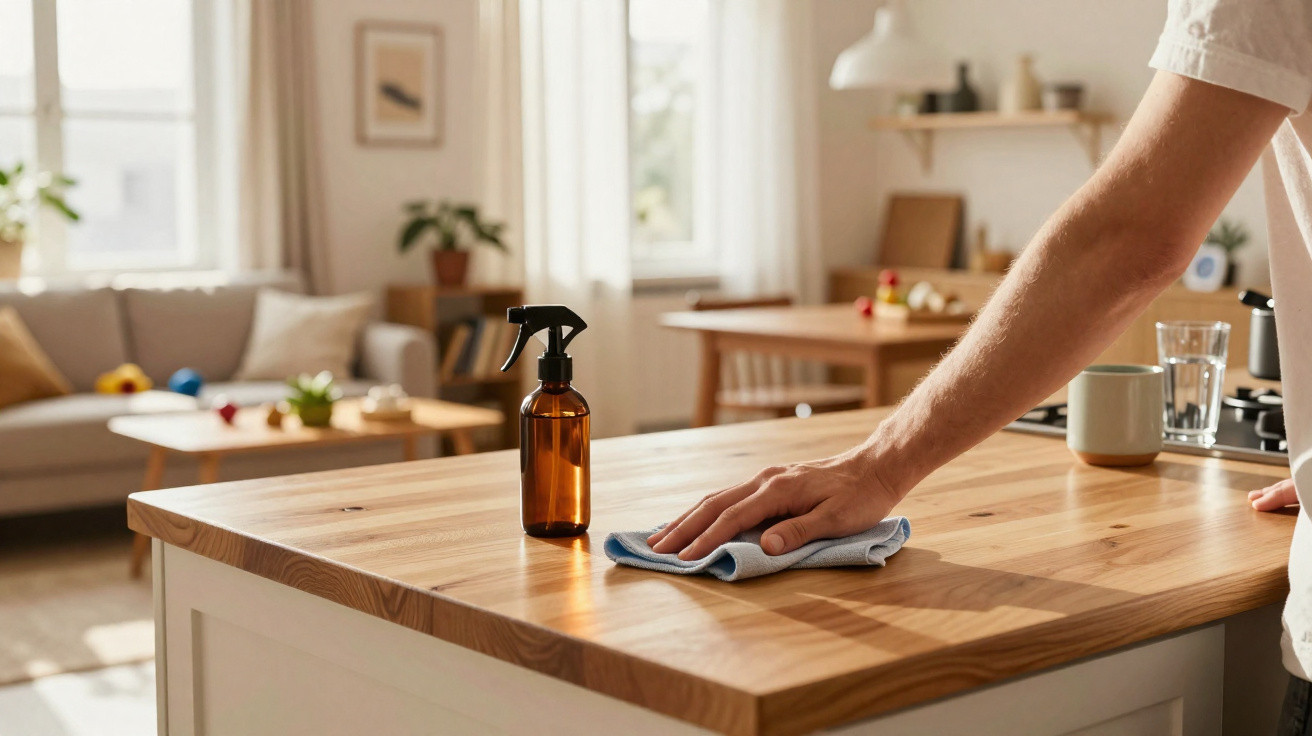 Person wiping a wooden kitchen island with a cloth next to a spray bottle in a sunlit living space.