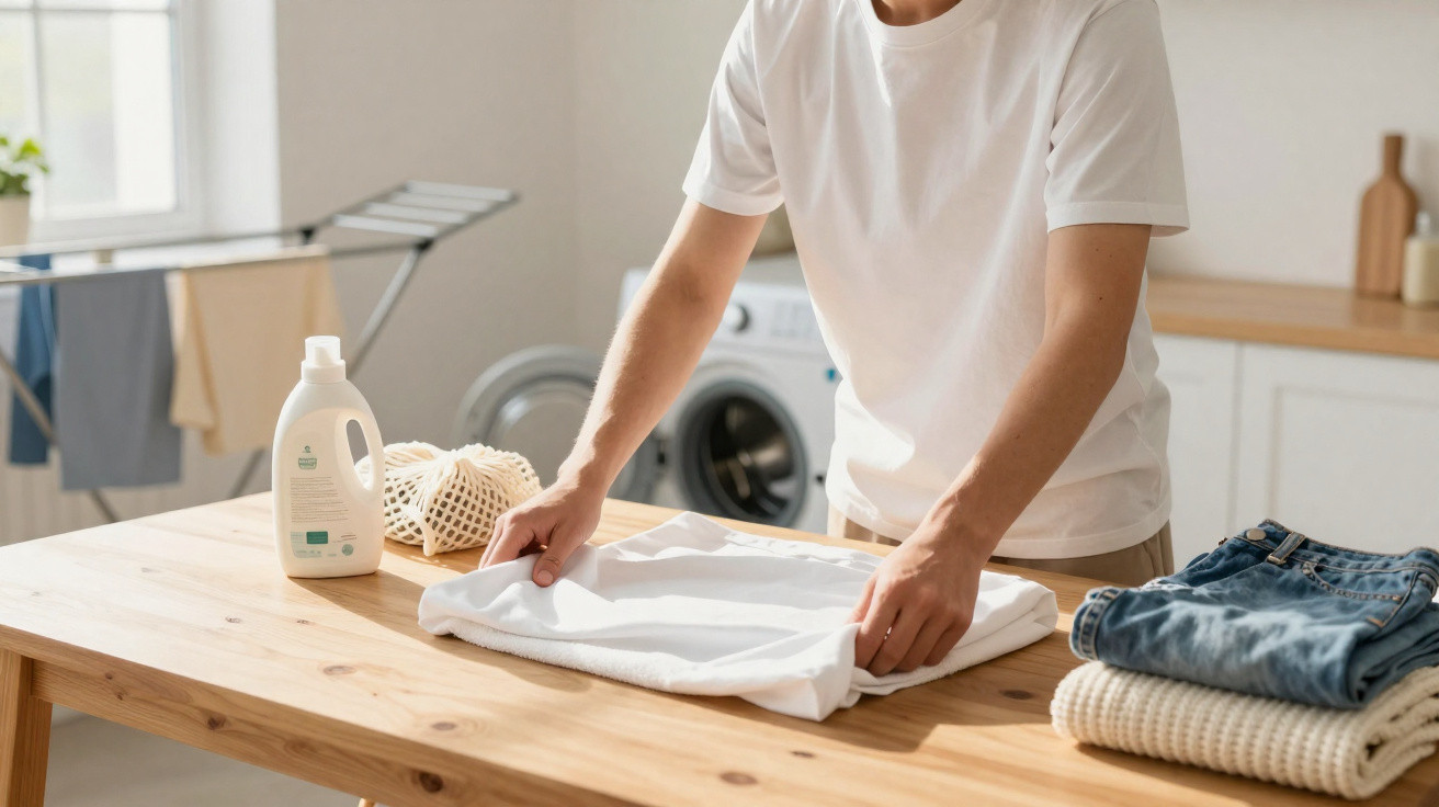 Person folding a white shirt on a wooden table with laundry detergent and folded clothes nearby.
