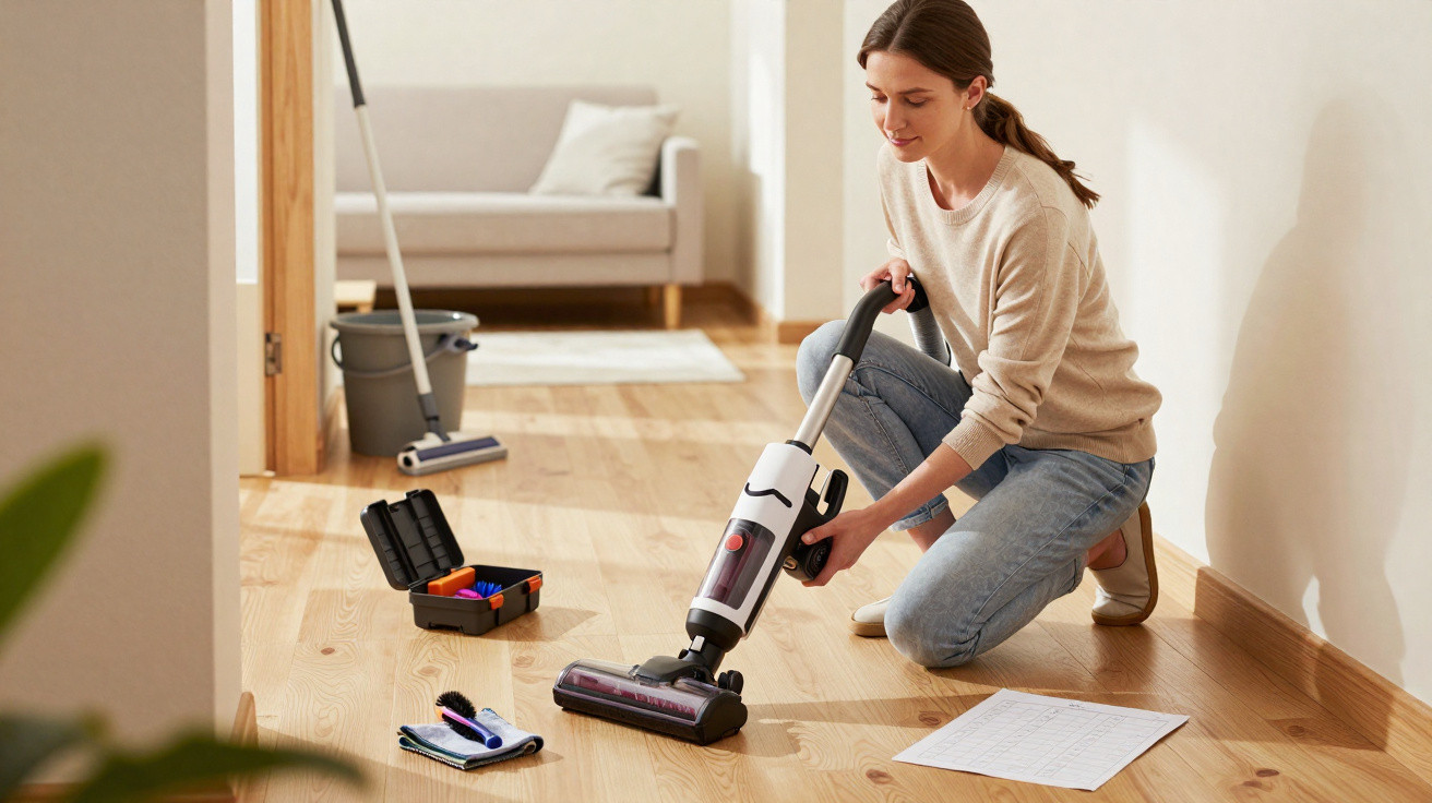 Woman using a cordless vacuum to clean a wooden floor in a bright living room with cleaning tools nearby.