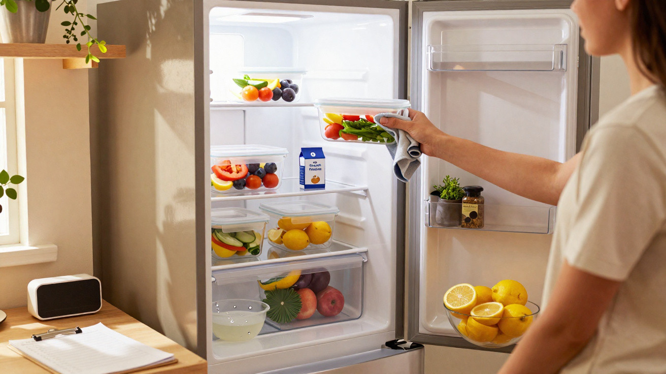 Person placing a clear container of fresh vegetables into a fully stocked refrigerator.