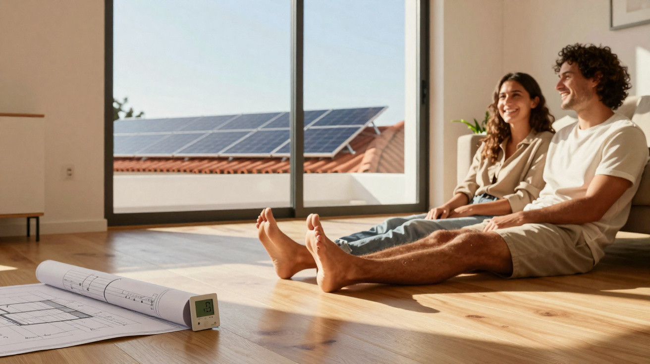 Couple sitting on wooden floor inside home, with solar panels visible through large window and building plans nearby.