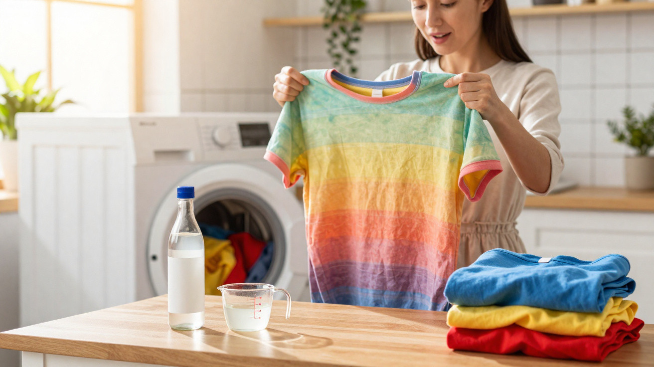 Woman holding a colourful striped t-shirt in a laundry room with washing machine and folded clothes on table.