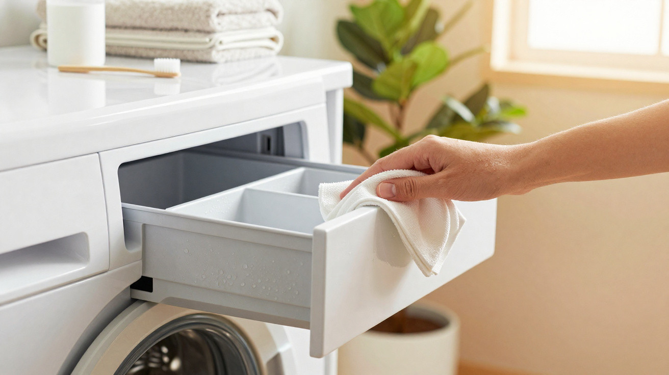 Hand wiping open detergent drawer of a white front-loading washing machine in a bright room.