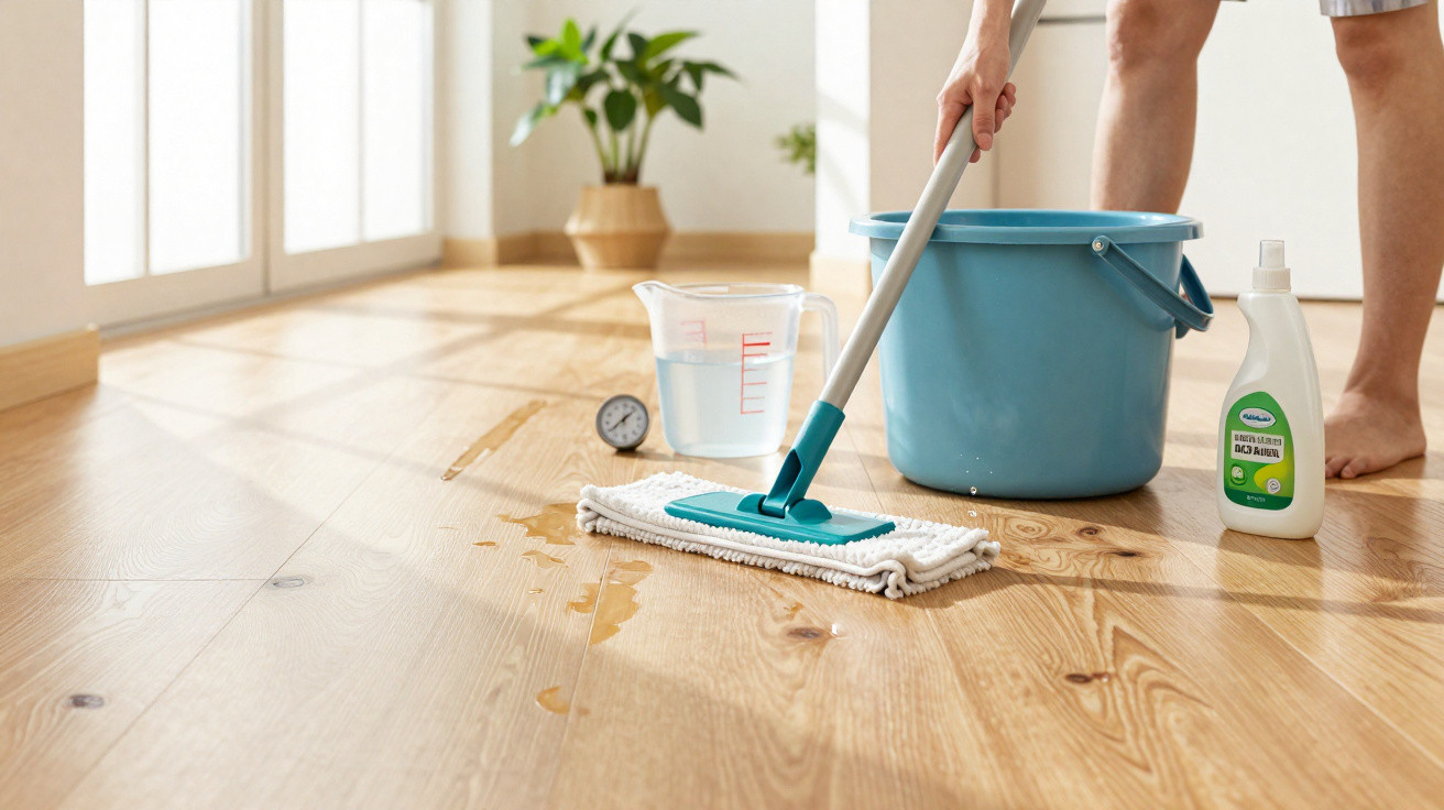 Person mopping a wooden floor with a blue bucket, measuring jug, and cleaning spray nearby in a bright room.