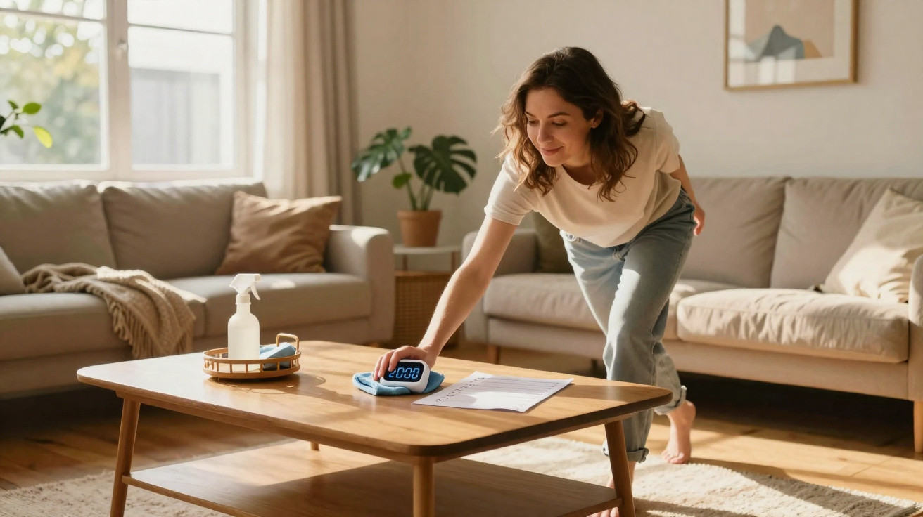 Woman cleaning a wooden coffee table in a sunlit living room with neutral-coloured sofas.