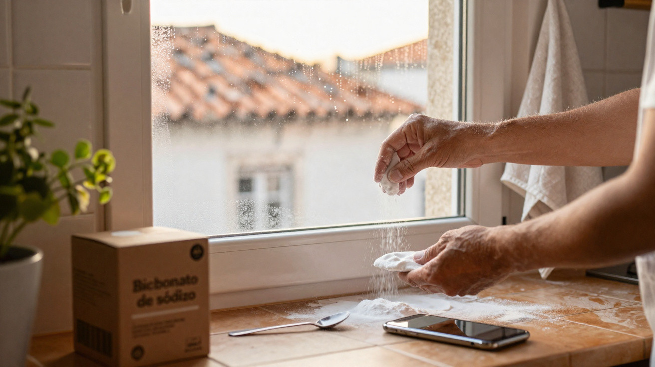 Person sprinkling baking soda onto a cloth near a window with a smartphone and plant nearby