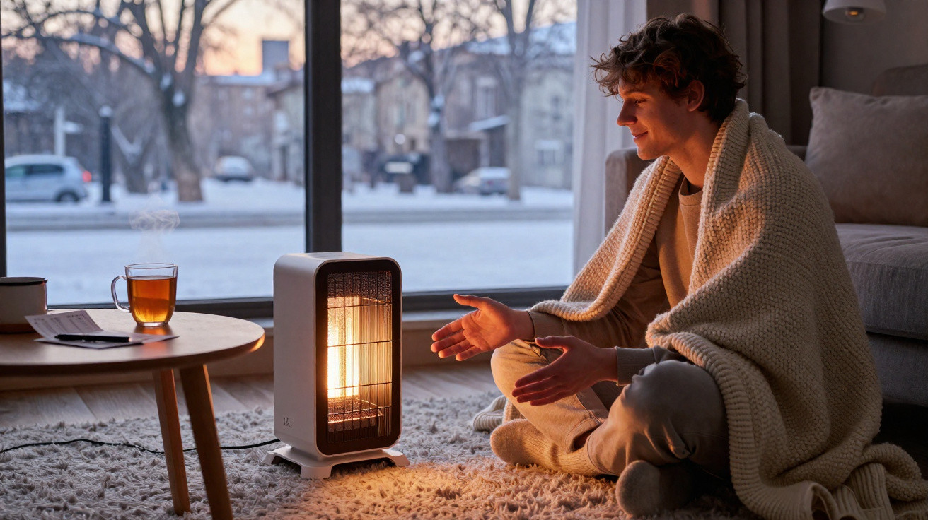 Young man wrapped in a blanket sitting on carpet warming hands by a heater near a steaming cup of tea on a coffee table.