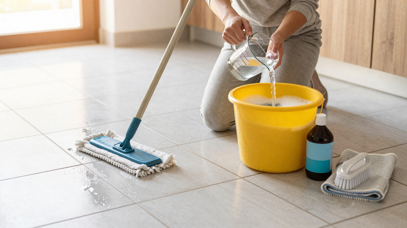 Person pouring water into a yellow bucket next to a mop, cleaning bottle, cloth, and scrubbing brush on tiled floor.