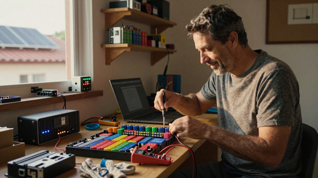 Man using a screwdriver to assemble a colourful electronic kit at a workbench in a sunlit room.