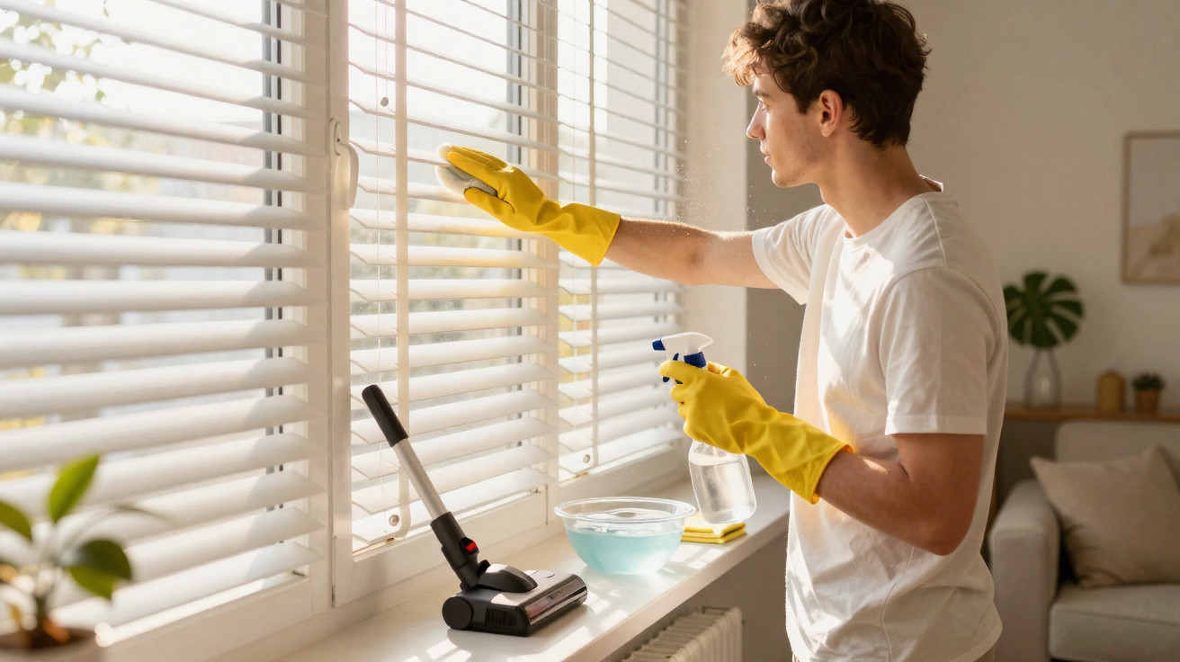 Young man wearing yellow gloves cleaning white window blinds with spray bottle in a bright living room.