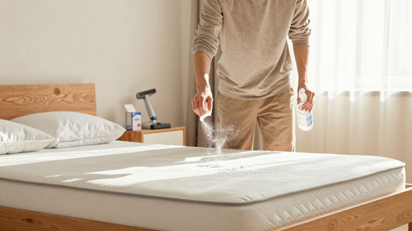 Person sprinkling cleaning powder onto a bed mattress in a bright bedroom with natural light.