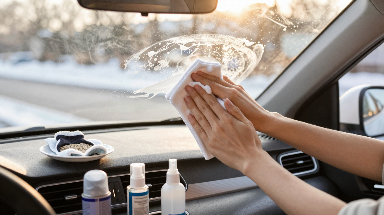 Hands cleaning the inside of a car windshield with a sponge and cleaning products on the dashboard.