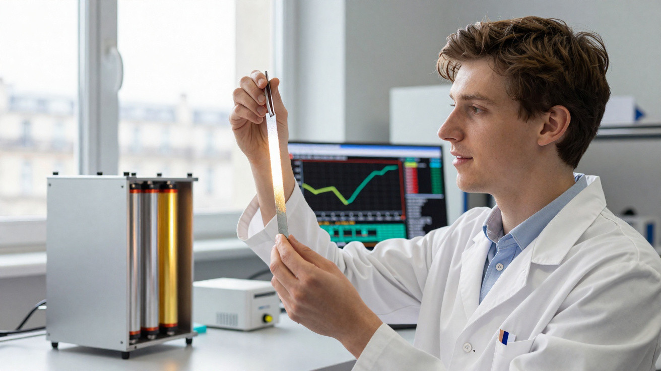 Scientist in lab coat examining metallic strip with laboratory equipment and data charts in background.