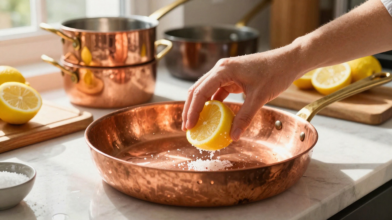 Hand squeezing lemon over salt in a copper frying pan on a kitchen counter with pots and cutting boards.