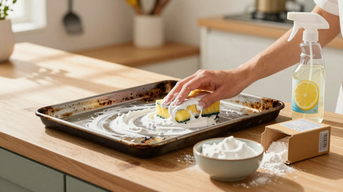 Hand cleaning a burnt baking tray with a yellow sponge and white cleaning paste on a wooden kitchen counter.
