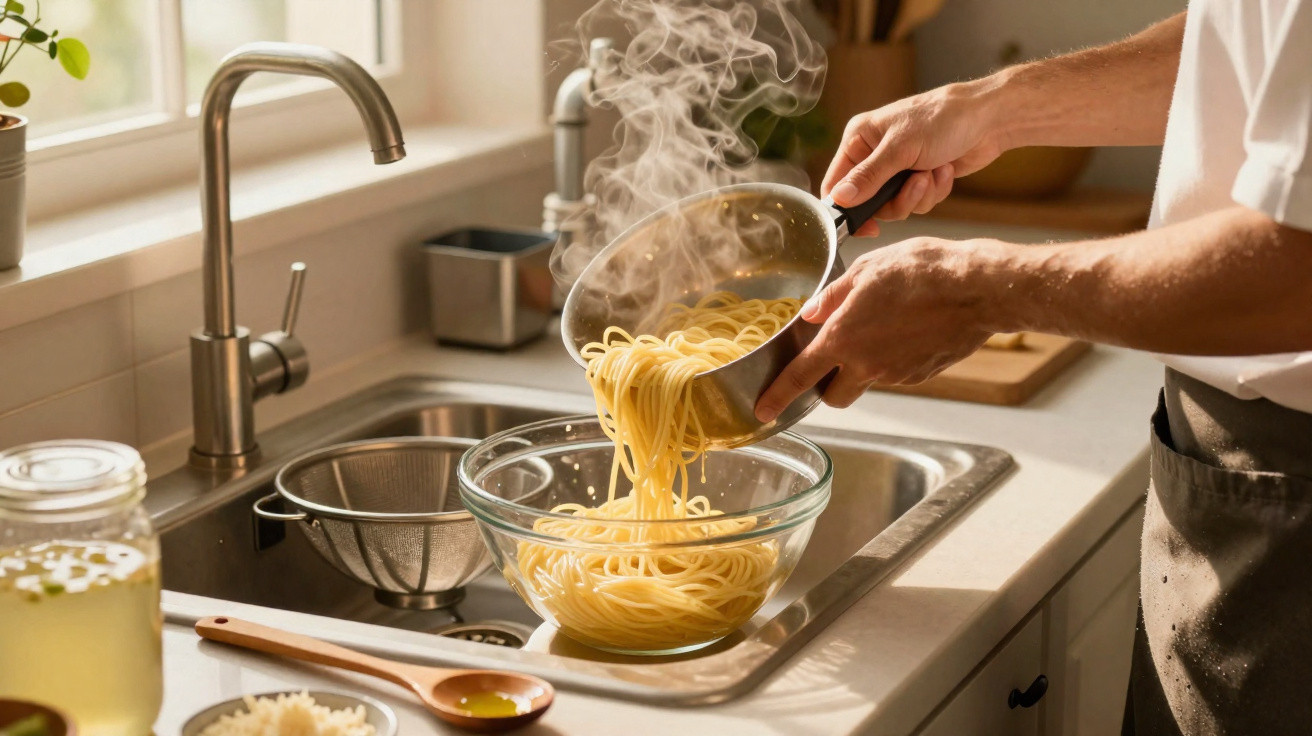 Hands pouring steaming cooked spaghetti from a pot into a glass bowl over a kitchen sink.