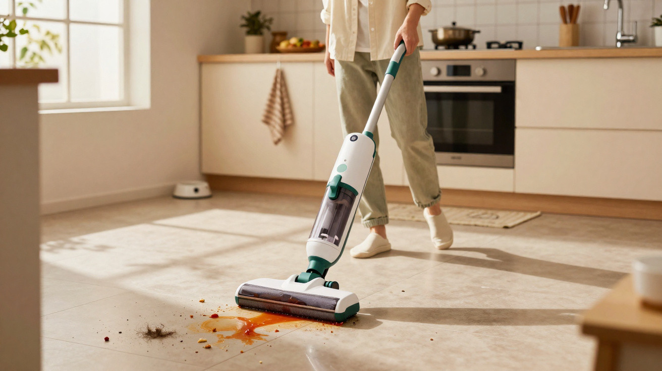 Person using a cordless vacuum cleaner to clean spilled food and dirt on a kitchen floor.