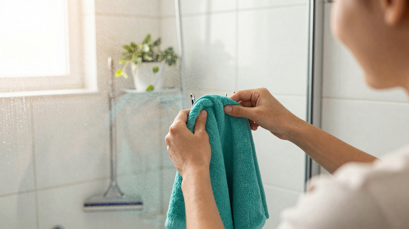 Person cleaning a bathroom mirror with a turquoise cloth near a window and potted plant.