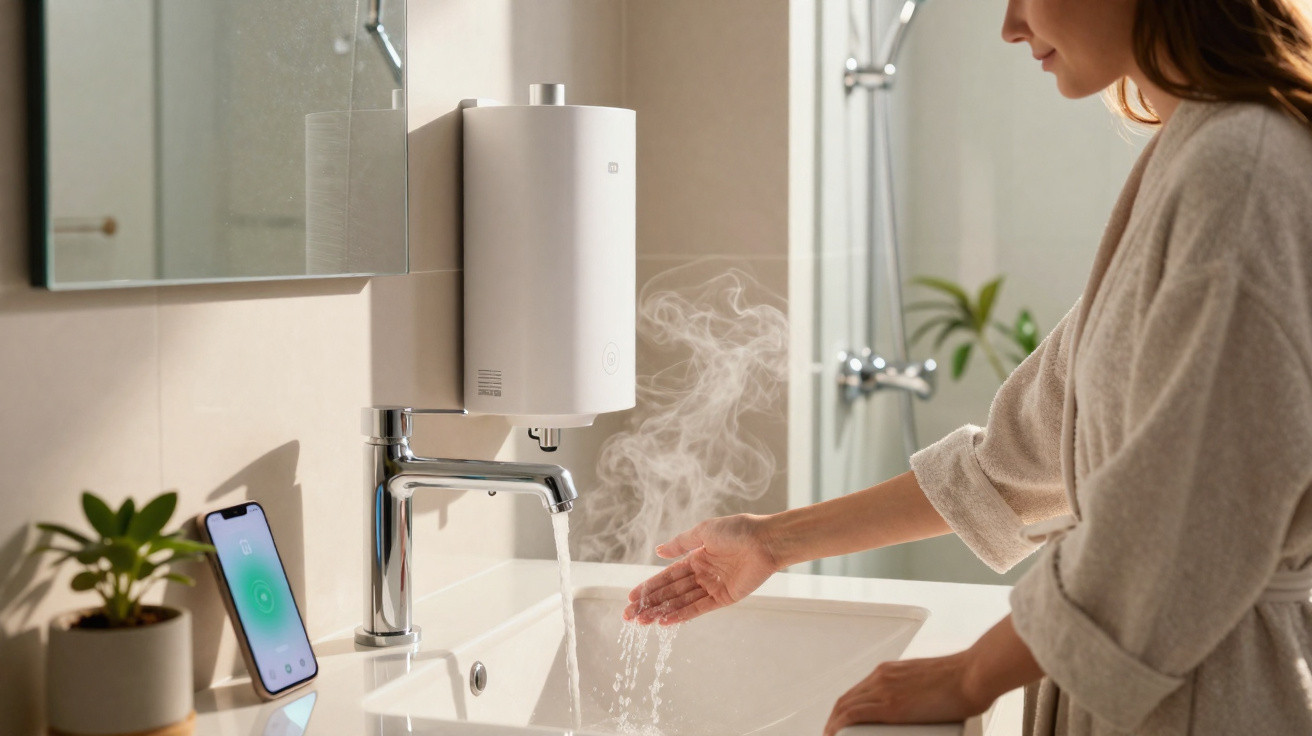 Woman testing steam from a smart faucet with running water in a modern bathroom sink.