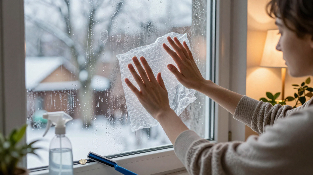 Person applying bubble wrap to a wet window with snowy trees visible outside.