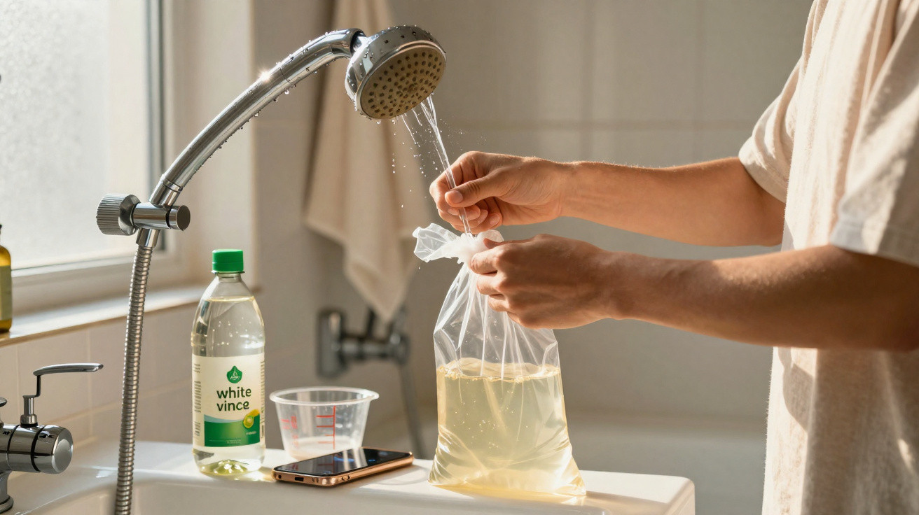 Person rinsing a plastic bag under a shower tap in a bathroom sink with vinegar bottle nearby.