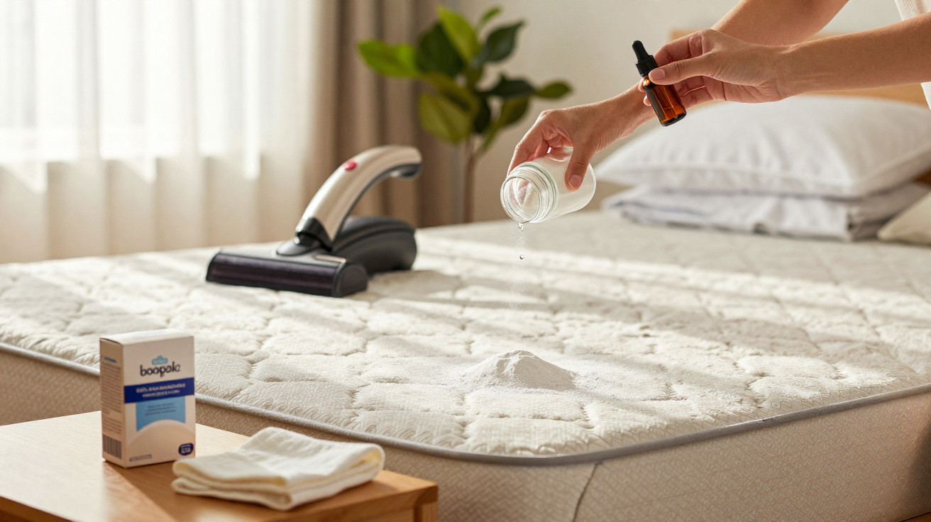 Person adding liquid from a dropper to baking soda on a mattress with a fabric shaver nearby.