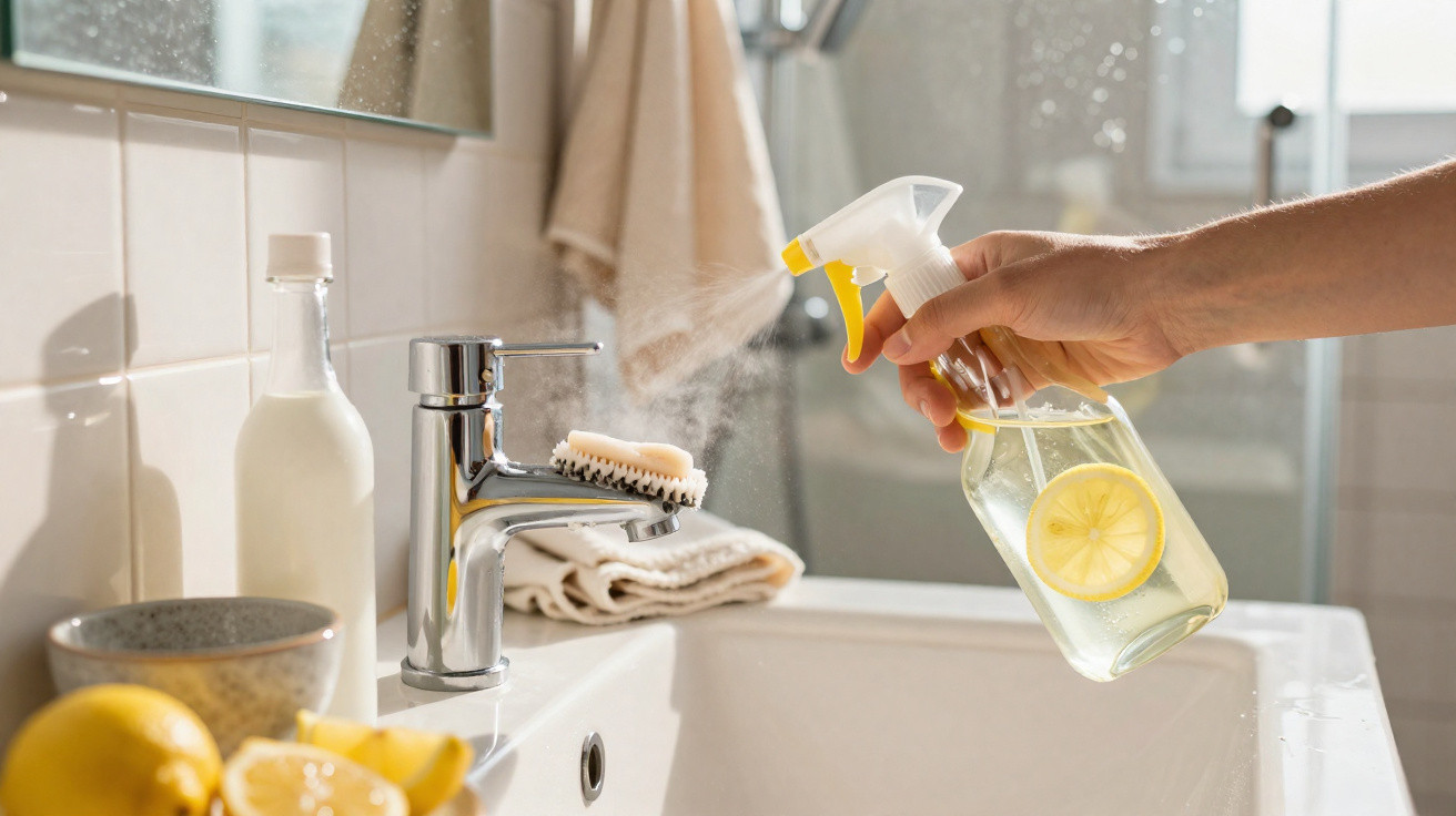 Hand spraying natural lemon cleaning solution onto a bathroom sink tap with a scrub brush and towels nearby.