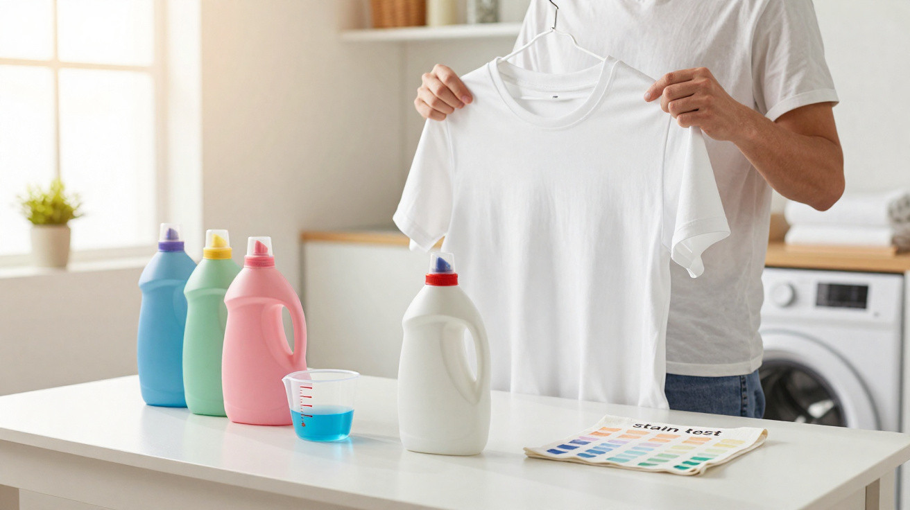 Person holding a white T-shirt on a hanger next to laundry detergents and a stain test chart on a table.