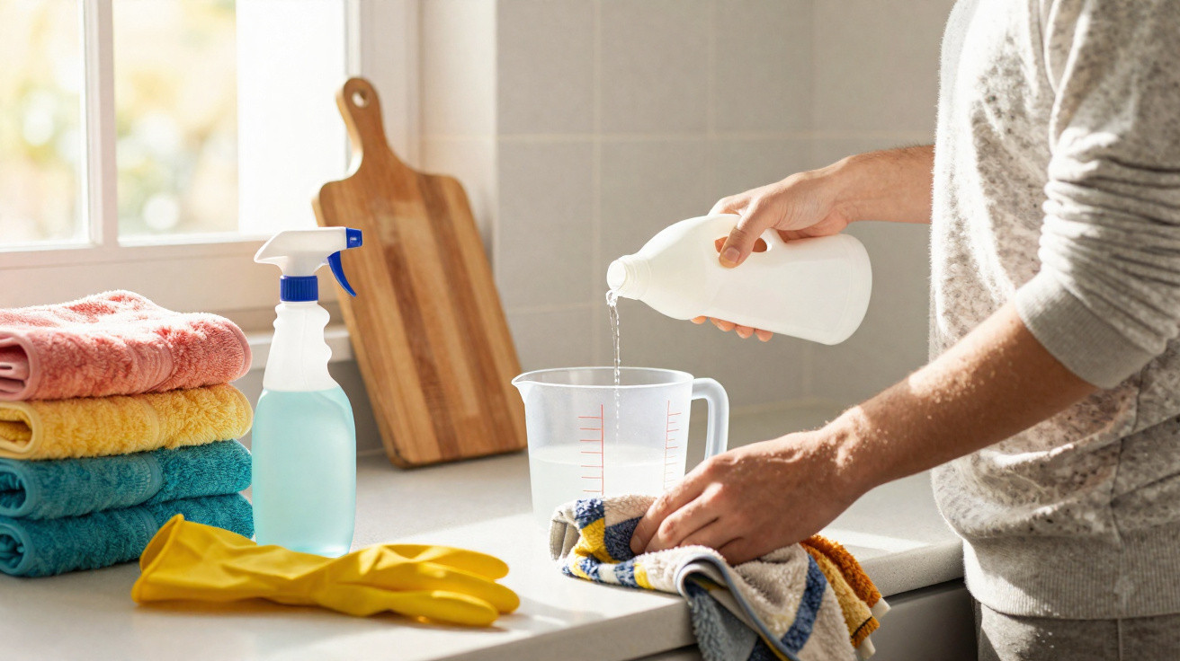 Person pouring liquid into measuring jug on a kitchen counter with cleaning cloth and spray bottle nearby.