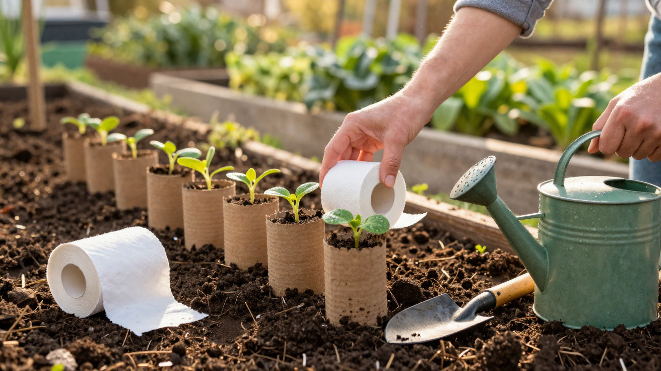 Hands planting seedlings in cardboard tubes on soil, with a watering can and small trowel nearby.